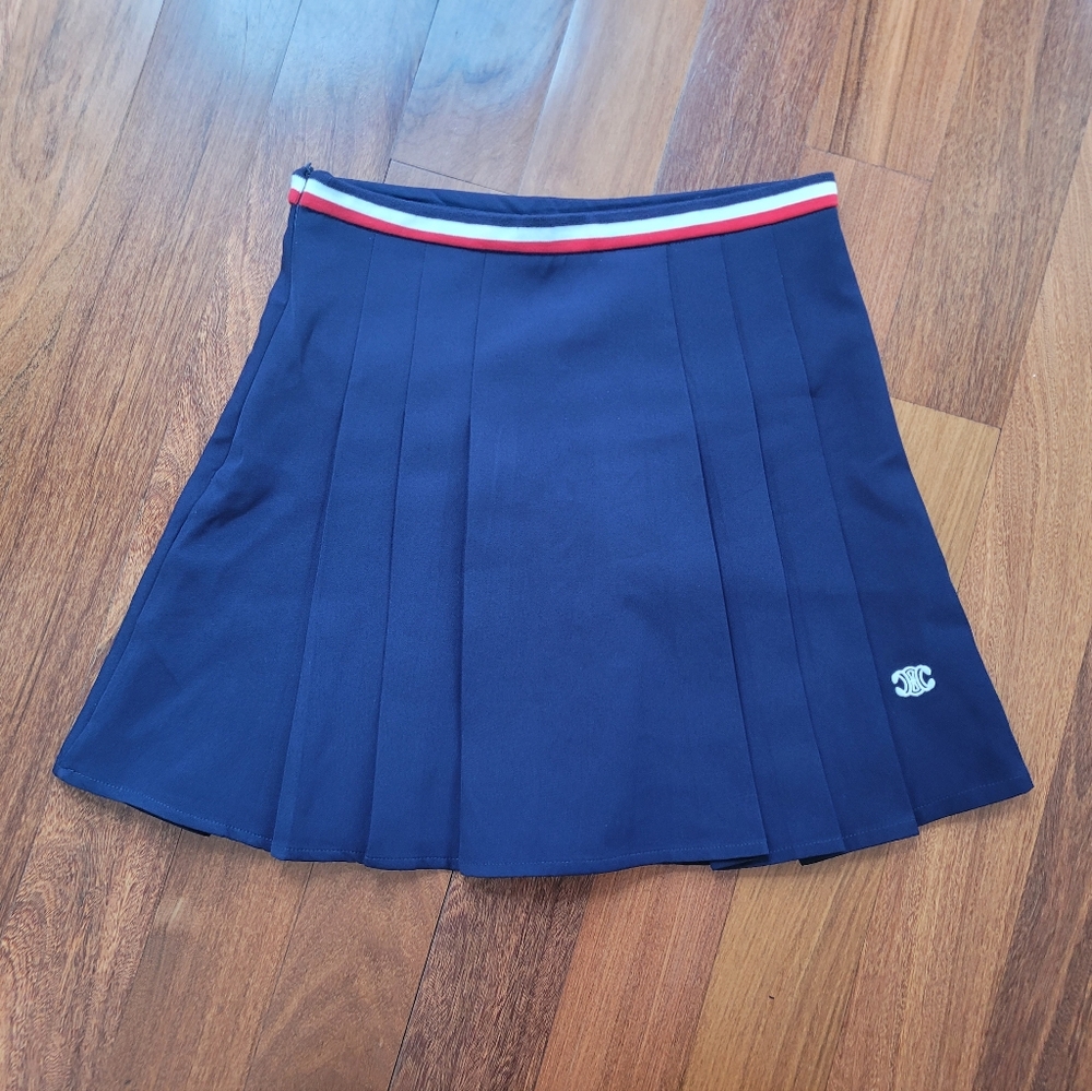 Navy Blue Pleated Skirt French Luxury Triomphe Logo Size Small NEW